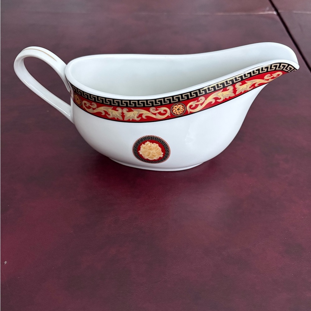 Elegant White Gravy Boat with Red and Gold Trim